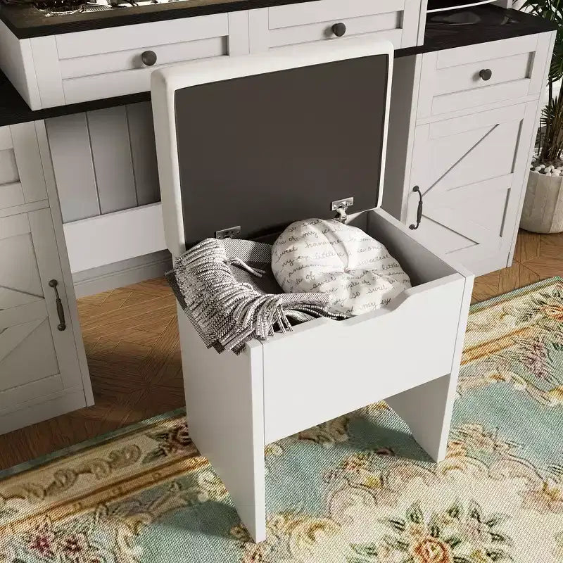 Whisen Farmhouse Makeup Vanity Table with LED Touch Mirror, Cushioned Storage Stool, Glass Top, Charging Station and Ample Storage Space - White