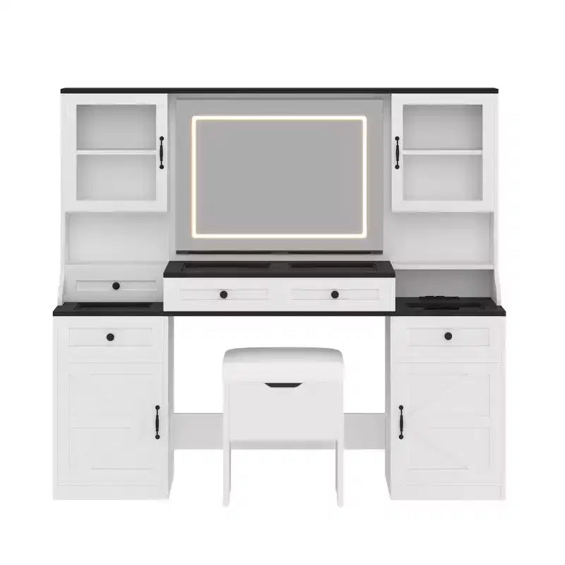 Whisen Farmhouse Makeup Vanity Table with LED Touch Mirror, Cushioned Storage Stool, Glass Top, Charging Station and Ample Storage Space - White