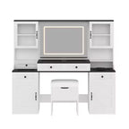 Whisen Farmhouse Makeup Vanity Table with LED Touch Mirror, Cushioned Storage Stool, Glass Top, Charging Station and Ample Storage Space - White