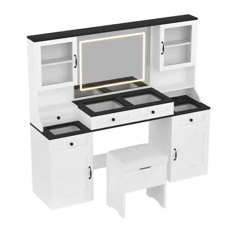 Whisen Farmhouse Makeup Vanity Table with LED Touch Mirror, Cushioned Storage Stool, Glass Top, Charging Station and Ample Storage Space - White