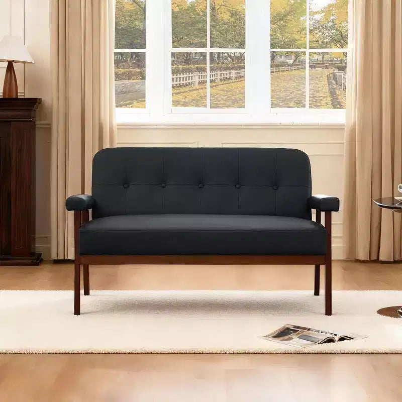 TYBOATLE 50 Faux Leather Loveseat Sofa with Wood Arms, Mid-Century Modern Small Couch for Office, Living Room, Bedroom, Black