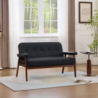 TYBOATLE 50 Faux Leather Loveseat Sofa with Wood Arms, Mid-Century Modern Small Couch for Office, Living Room, Bedroom, Black