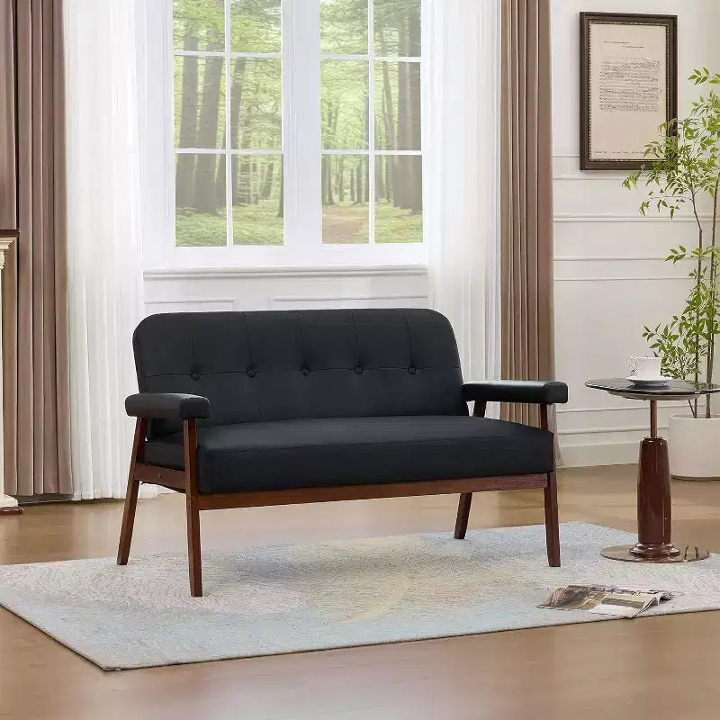 TYBOATLE 50 Faux Leather Loveseat Sofa with Wood Arms, Mid-Century Modern Small Couch for Office, Living Room, Bedroom, Black