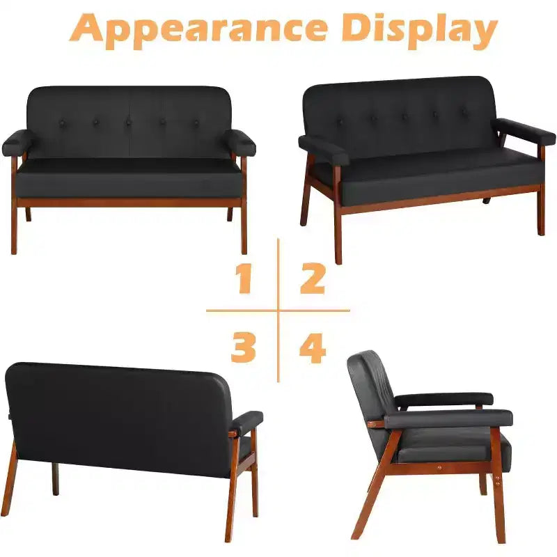 TYBOATLE 50 Faux Leather Loveseat Sofa with Wood Arms, Mid-Century Modern Small Couch for Office, Living Room, Bedroom, Black