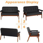TYBOATLE 50 Faux Leather Loveseat Sofa with Wood Arms, Mid-Century Modern Small Couch for Office, Living Room, Bedroom, Black
