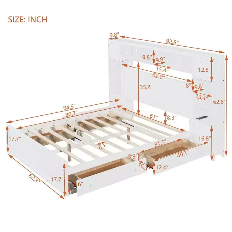 Queen Size Wooden Bed With All-in-One Cabinet Shelf and Sockets Gray