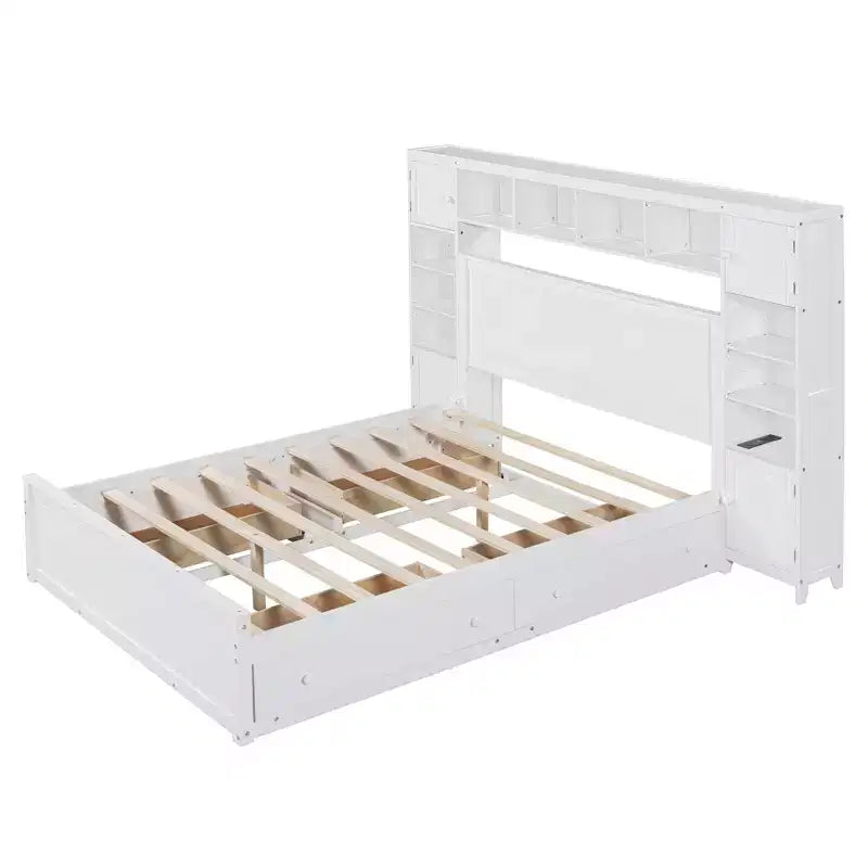 Queen Size Wooden Bed With All-in-One Cabinet Shelf and Sockets Gray