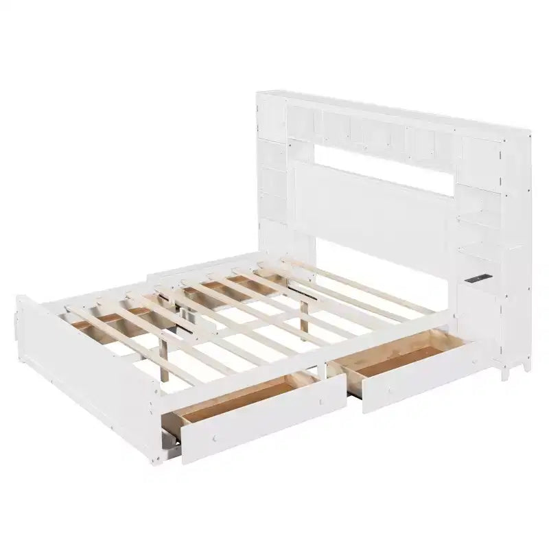 Queen Size Wooden Bed With All-in-One Cabinet Shelf and Sockets Gray