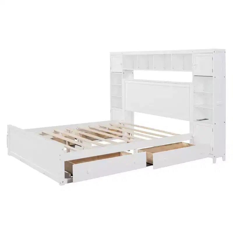 Queen Size Wooden Bed With All-in-One Cabinet Shelf and Sockets Gray