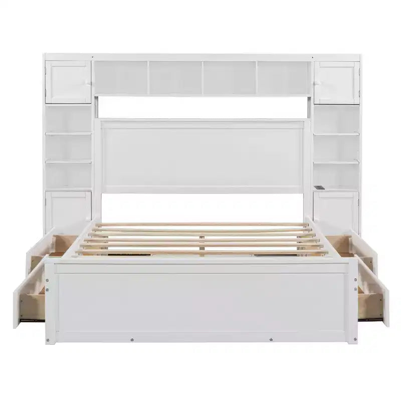 Queen Size Wooden Bed With All-in-One Cabinet Shelf and Sockets Gray