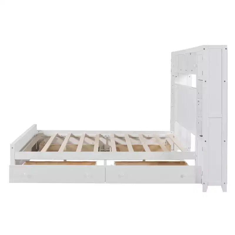 Queen Size Wooden Bed With All-in-One Cabinet Shelf and Sockets Gray