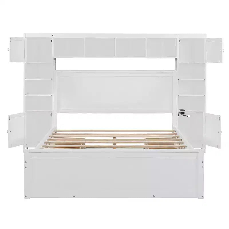 Queen Size Wooden Bed With All-in-One Cabinet Shelf and Sockets Gray