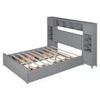 Queen Size Wooden Bed With All-in-One Cabinet Shelf and Sockets Gray