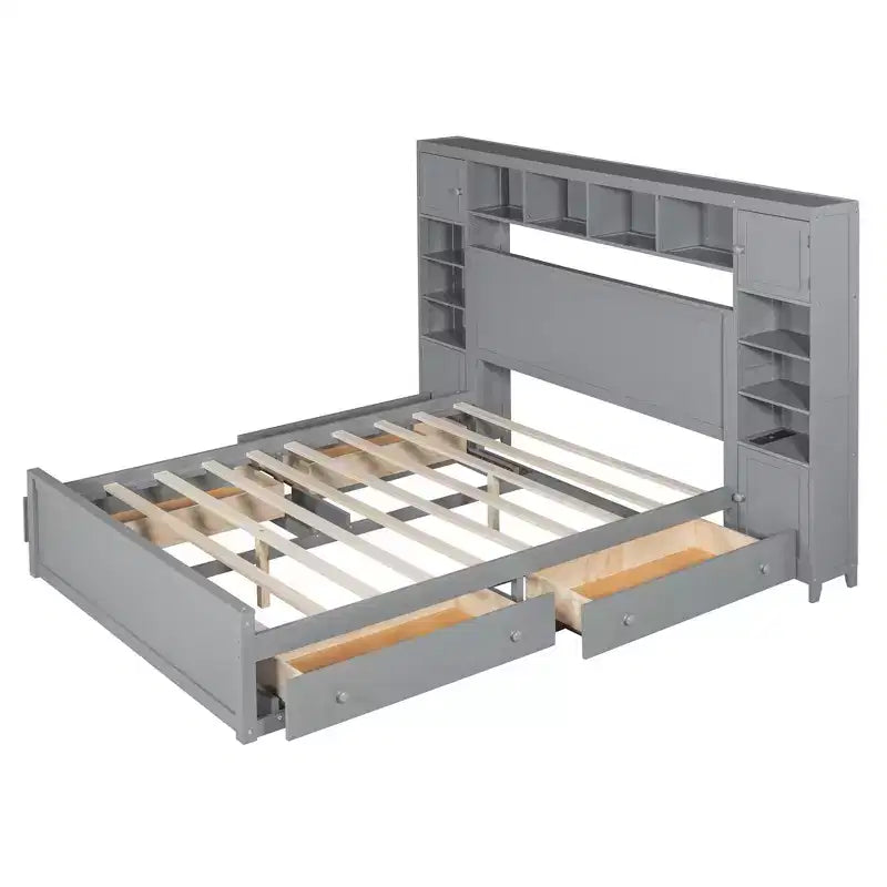 Queen Size Wooden Bed With All-in-One Cabinet Shelf and Sockets Gray