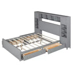Queen Size Wooden Bed With All-in-One Cabinet Shelf and Sockets Gray