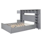 Queen Size Wooden Bed With All-in-One Cabinet Shelf and Sockets Gray
