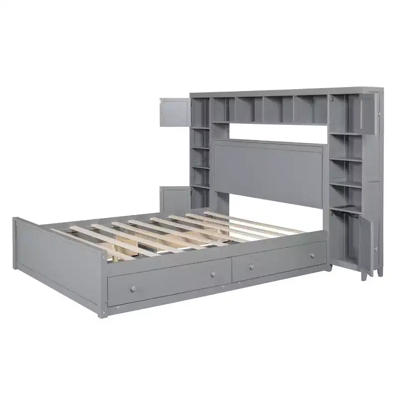Queen Size Wooden Bed With All-in-One Cabinet Shelf and Sockets Gray