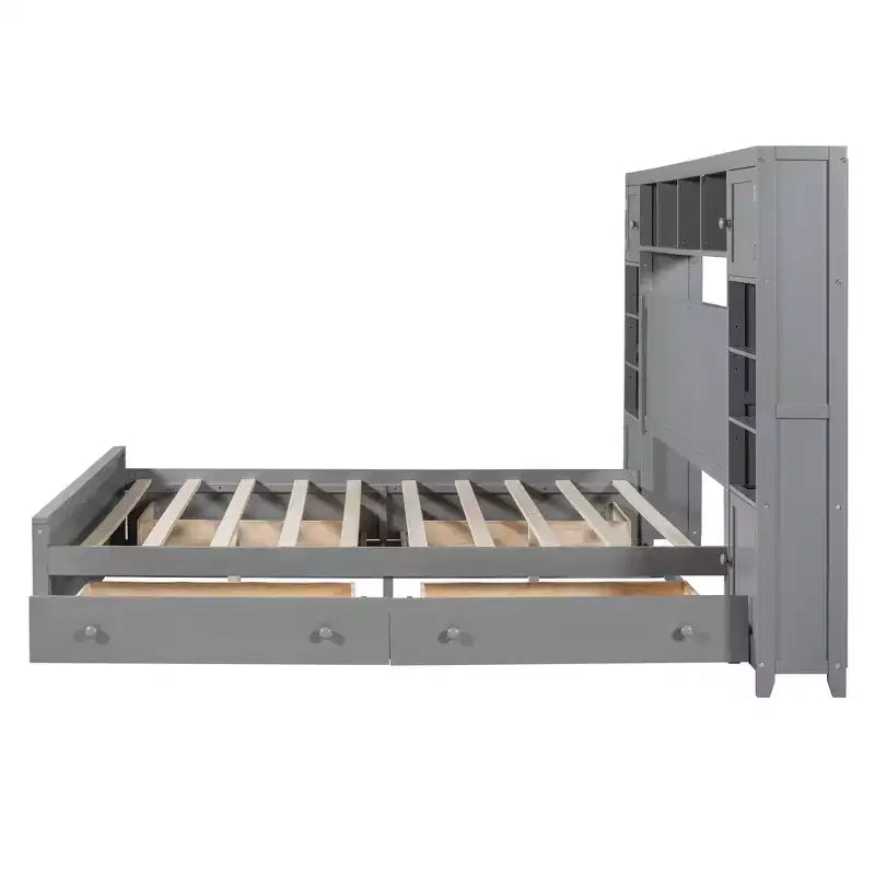 Queen Size Wooden Bed With All-in-One Cabinet Shelf and Sockets Gray