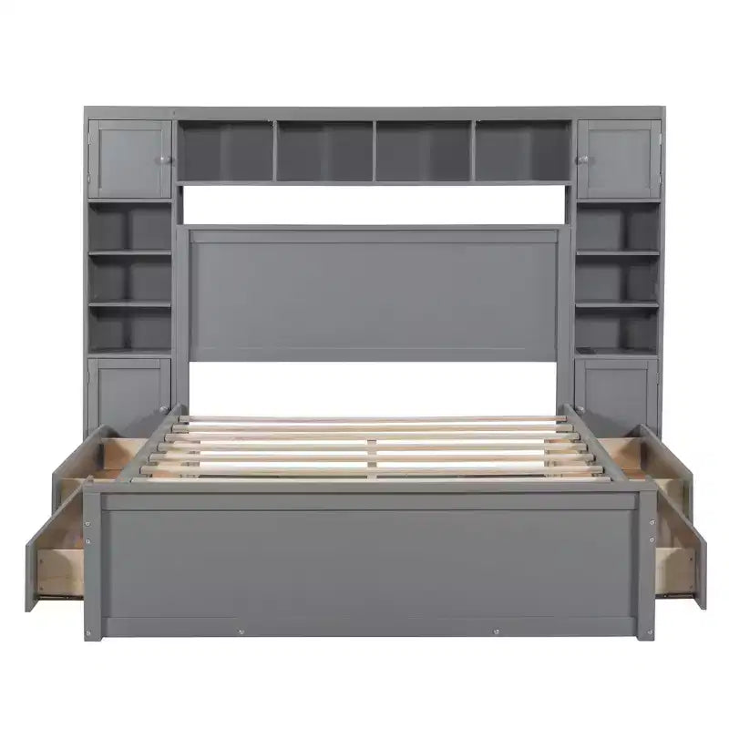 Queen Size Wooden Bed With All-in-One Cabinet Shelf and Sockets Gray
