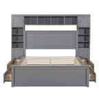 Queen Size Wooden Bed With All-in-One Cabinet Shelf and Sockets Gray