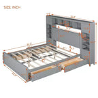 Queen Size Wooden Bed With All-in-One Cabinet Shelf and Sockets Gray