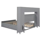 Queen Size Wooden Bed With All-in-One Cabinet Shelf and Sockets Gray