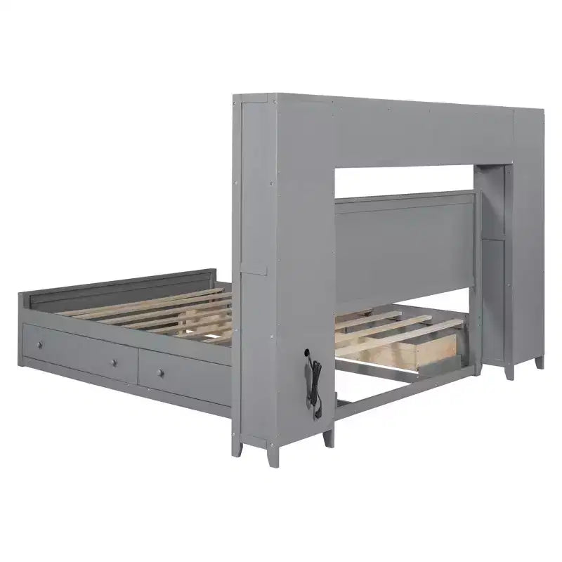 Queen Size Wooden Bed With All-in-One Cabinet Shelf and Sockets Gray