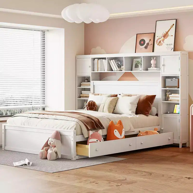 Queen Size Wooden Bed With All-in-One Cabinet Shelf and Sockets Gray