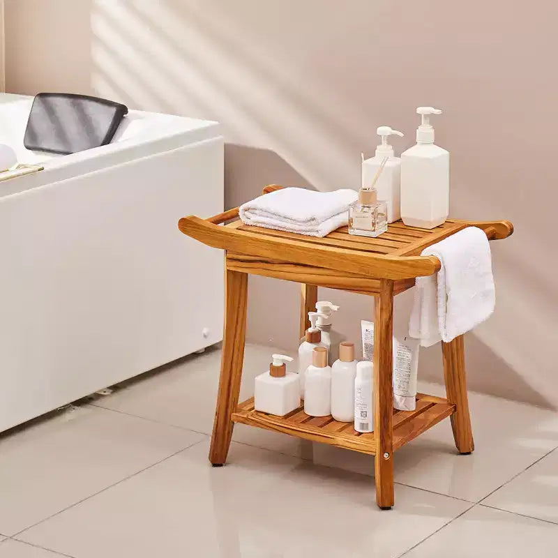VEVOR Teak Shower Bench, 22 x 14.4 x 18.5 in, Waterproof Wood Shower Stool with Storage Shelf, 300 lbs Maximum Load Capacity, Natural Teak