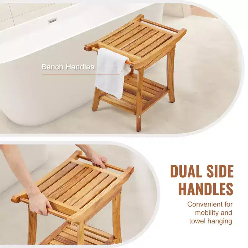 VEVOR Teak Shower Bench, 22 x 14.4 x 18.5 in, Waterproof Wood Shower Stool with Storage Shelf, 300 lbs Maximum Load Capacity, Natural Teak
