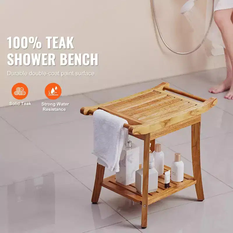 VEVOR Teak Shower Bench, 22 x 14.4 x 18.5 in, Waterproof Wood Shower Stool with Storage Shelf, 300 lbs Maximum Load Capacity, Natural Teak