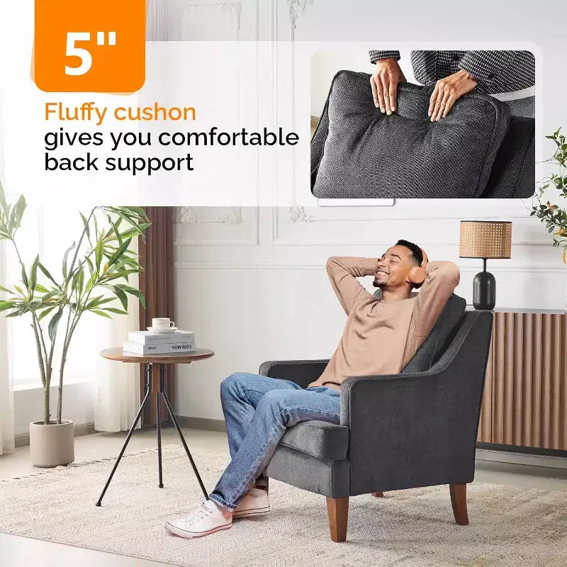 VINGLI Mid-Century Modern Accent Chair, Black Upholstered Armchair Comfy Sofa Chair Reading Chair