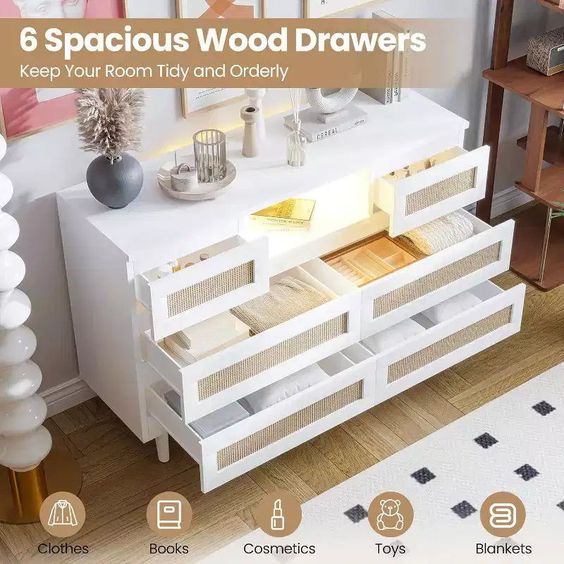 CuisinSmart Cassettiera Moderna in Rattan, Cassettiera LED con Stazione di Ricarica, Comò e Cassettiere in Legno con 6 Cassetti, Mobile TV per Armadio
