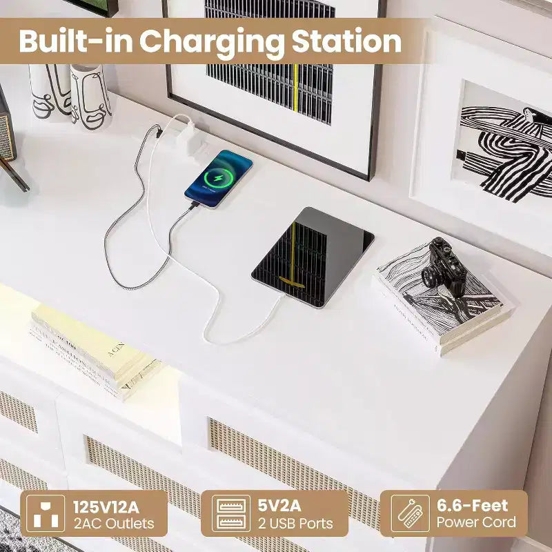 CuisinSmart Cassettiera Moderna in Rattan, Cassettiera LED con Stazione di Ricarica, Comò e Cassettiere in Legno con 6 Cassetti, Mobile TV per Armadio