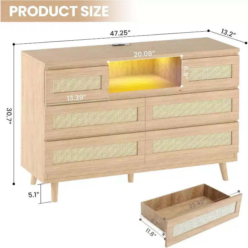 CuisinSmart Cassettiera Moderna in Rattan, Cassettiera LED con Stazione di Ricarica, Comò e Cassettiere in Legno con 6 Cassetti, Mobile TV per Armadio