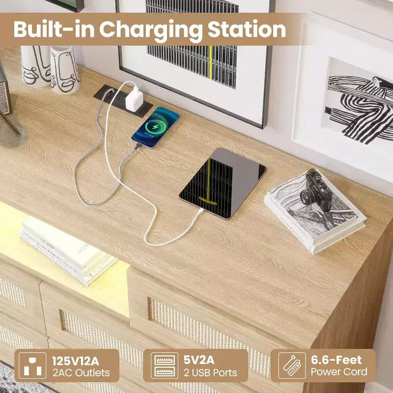 CuisinSmart Cassettiera Moderna in Rattan, Cassettiera LED con Stazione di Ricarica, Comò e Cassettiere in Legno con 6 Cassetti, Mobile TV per Armadio