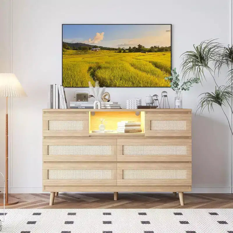 CuisinSmart Cassettiera Moderna in Rattan, Cassettiera LED con Stazione di Ricarica, Comò e Cassettiere in Legno con 6 Cassetti, Mobile TV per Armadio