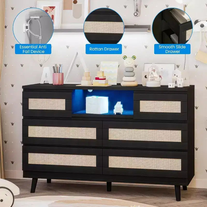 CuisinSmart Cassettiera Moderna in Rattan, Cassettiera LED con Stazione di Ricarica, Comò e Cassettiere in Legno con 6 Cassetti, Mobile TV per Armadio