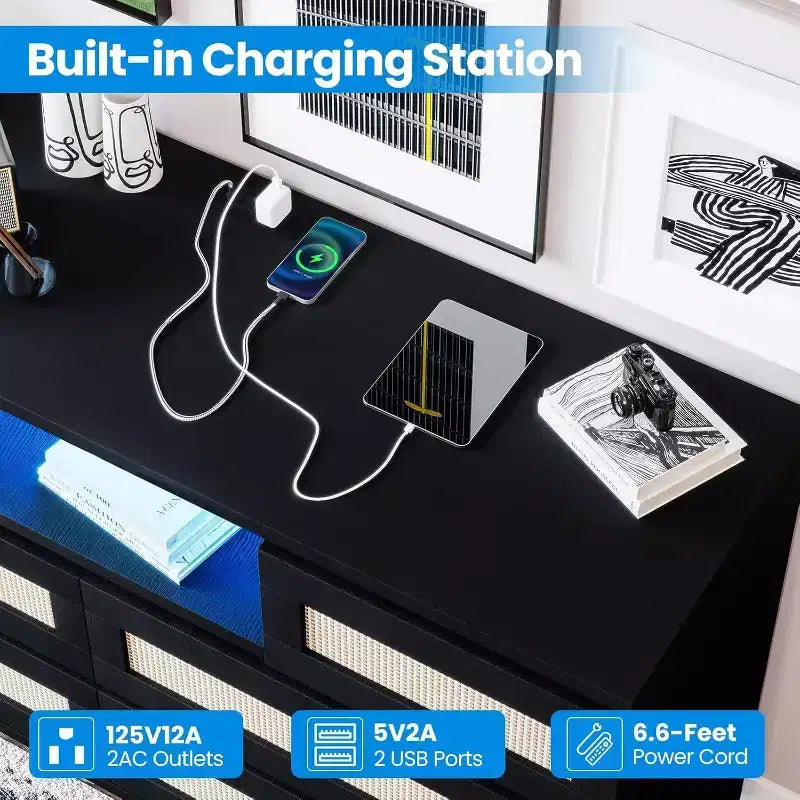 CuisinSmart Cassettiera Moderna in Rattan, Cassettiera LED con Stazione di Ricarica, Comò e Cassettiere in Legno con 6 Cassetti, Mobile TV per Armadio