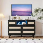 CuisinSmart Cassettiera Moderna in Rattan, Cassettiera LED con Stazione di Ricarica, Comò e Cassettiere in Legno con 6 Cassetti, Mobile TV per Armadio