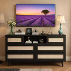 CuisinSmart Modern Rattan Dresser, LED Dresser with Charging Station, Wooden Dressers & Chest of Drawers with 6 Drawers, TV Stand for Closet