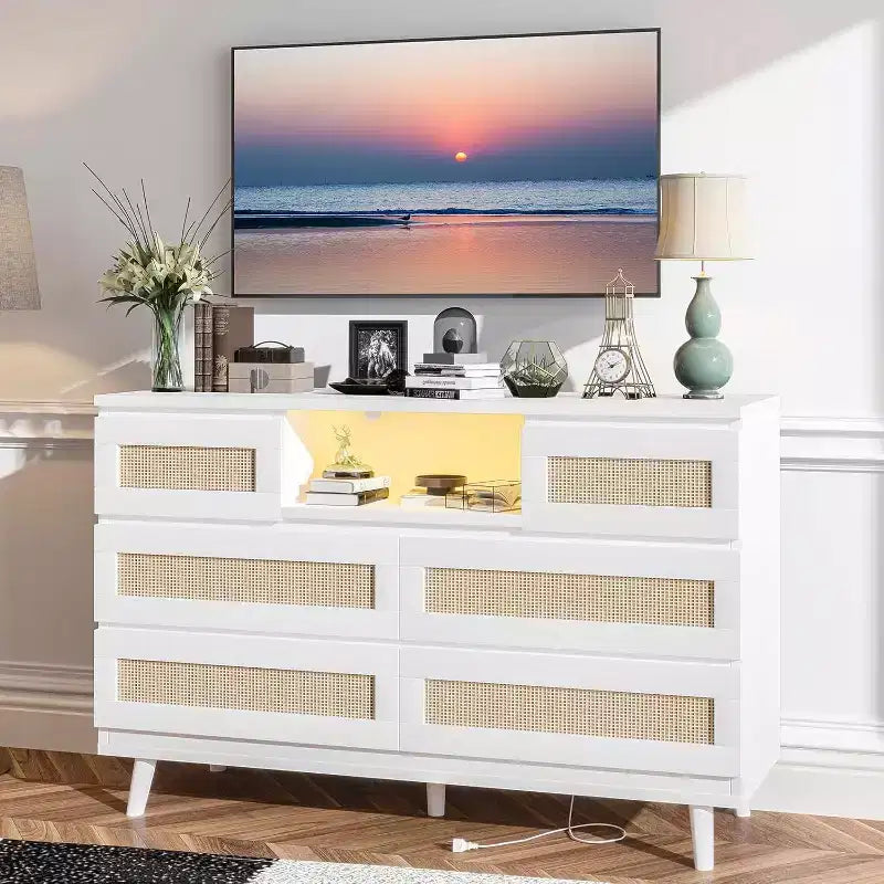 CuisinSmart Modern Rattan Dresser, LED Dresser with Charging Station, Wooden Dressers & Chest of Drawers with 6 Drawers, TV Stand for Closet