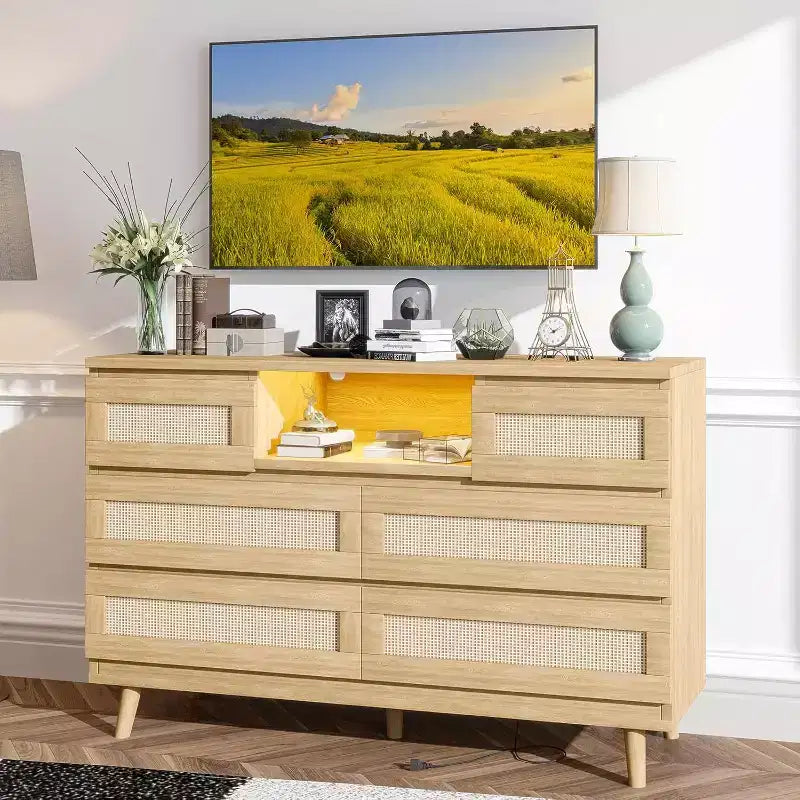CuisinSmart Modern Rattan Dresser, LED Dresser with Charging Station, Wooden Dressers & Chest of Drawers with 6 Drawers, TV Stand for Closet