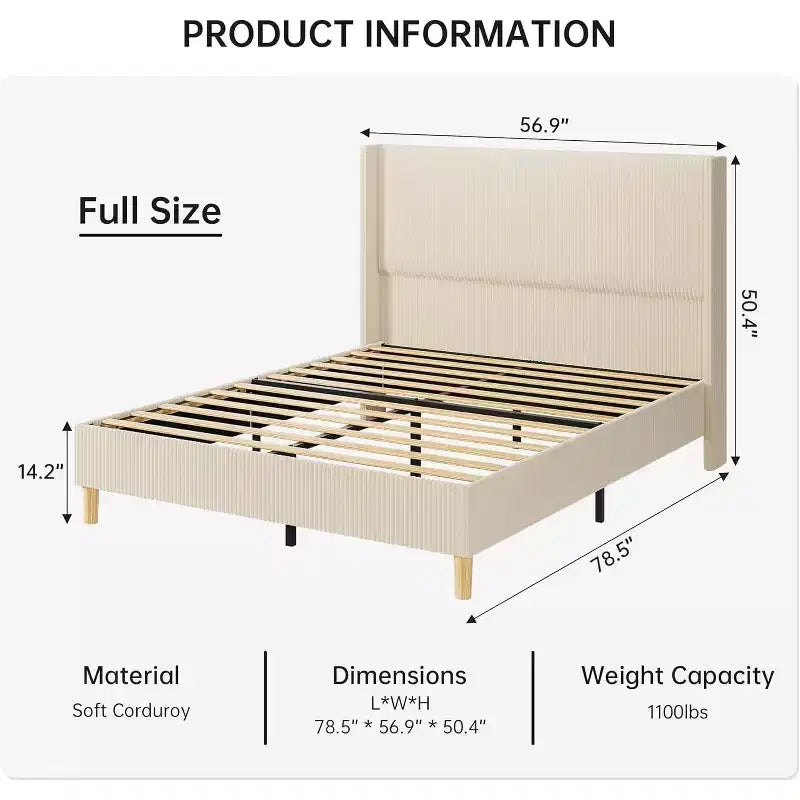 Struttura Letto, Letto Imbottito con Base a Piattaforma in Velluto a Coste e Testiera con Ali Verticali a Canali, Robuste Doghe in Legno, Nessun Box Spring Necessario