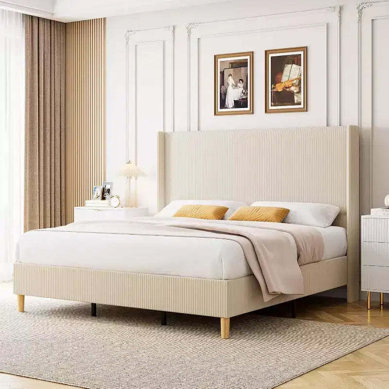 Bed Frame, Upholstered Platform Corduroy Bed Frame with Vertical Channel Tufted Wingback Headboard, Strong Wooden Slats, No Box Spring Needed