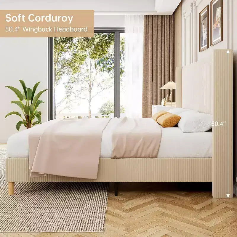 Bed Frame, Upholstered Platform Corduroy Bed Frame with Vertical Channel Tufted Wingback Headboard, Strong Wooden Slats, No Box Spring Needed