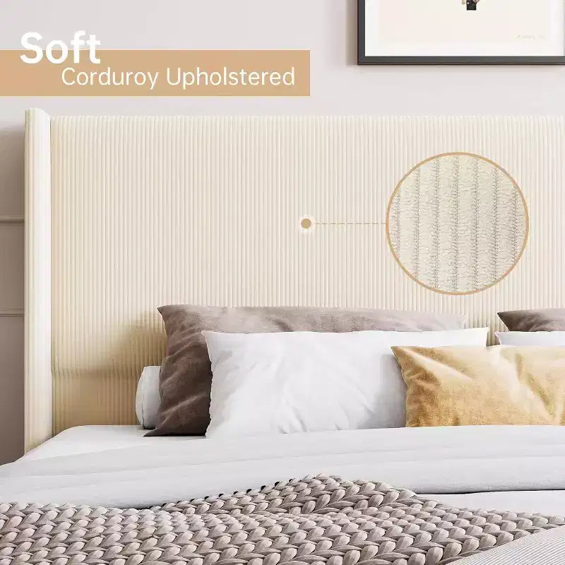 Bed Frame, Upholstered Platform Corduroy Bed Frame with Vertical Channel Tufted Wingback Headboard, Strong Wooden Slats, No Box Spring Needed