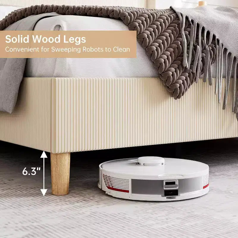 Struttura Letto, Letto Imbottito con Base a Piattaforma in Velluto a Coste e Testiera con Ali Verticali a Canali, Robuste Doghe in Legno, Nessun Box Spring Necessario