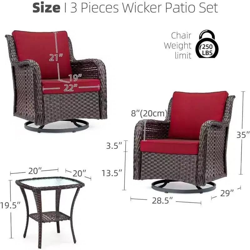 Acekool 3-Piece Swivel Rocking Chair Set - Outdoor Rattan with Side Table