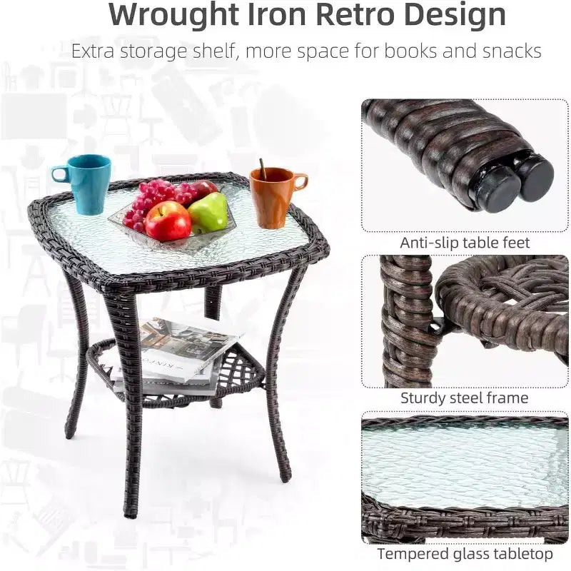 Acekool 3-Piece Swivel Rocking Chair Set - Outdoor Rattan with Side Table
